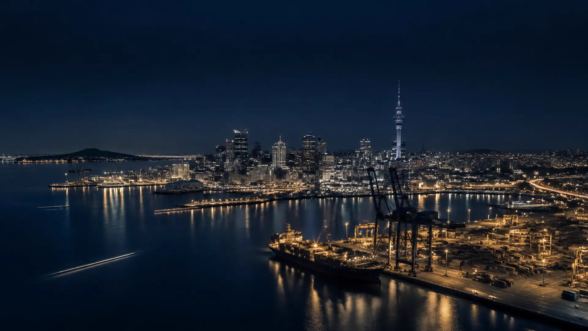Auckland harbour and container port at night