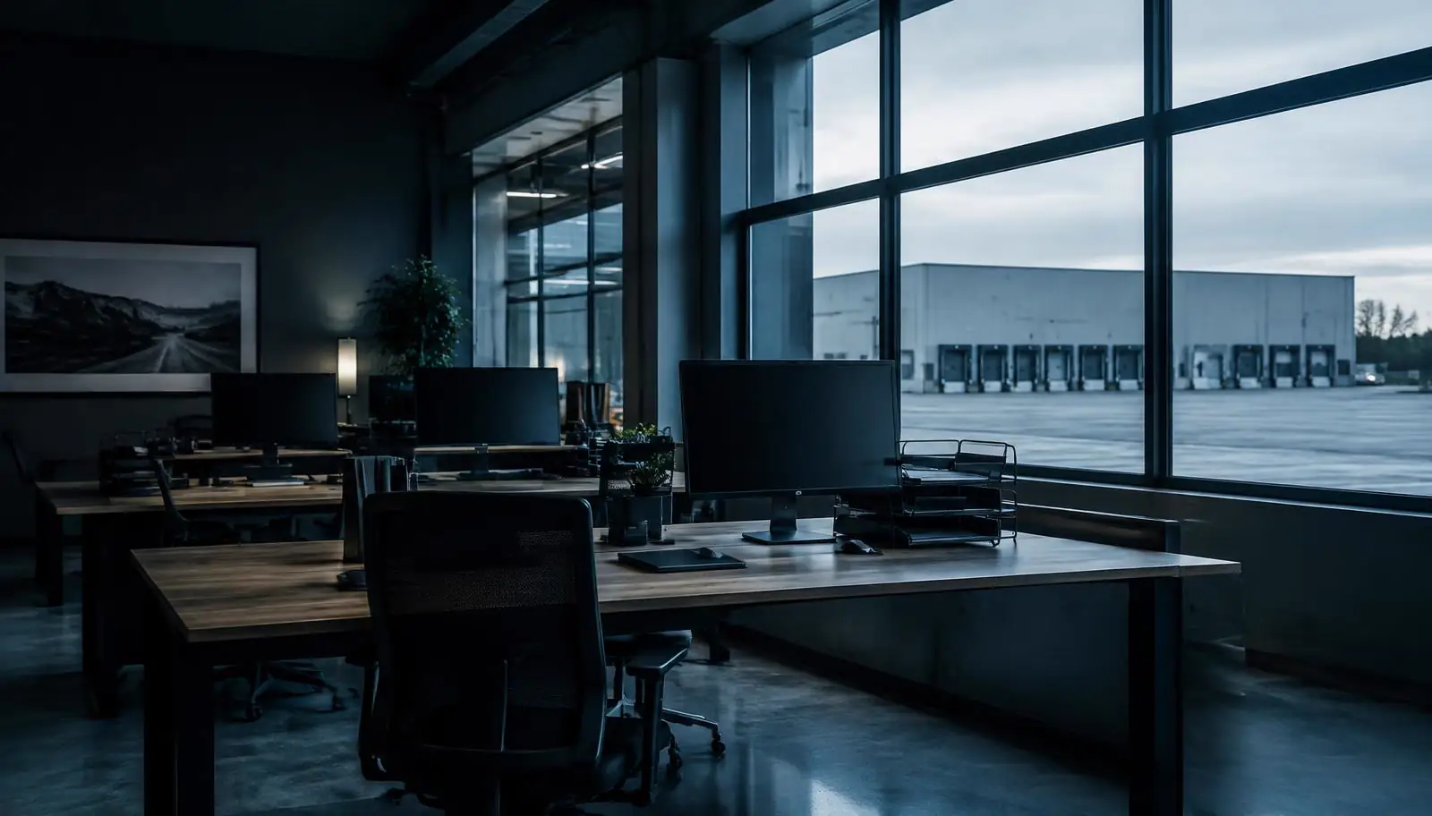 Office workspace beside a warehouse
