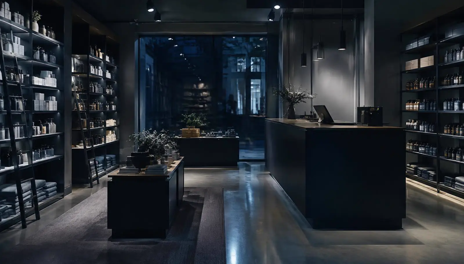 Retail store interior at night